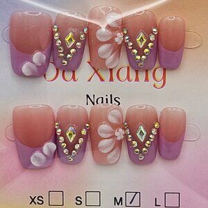 Press On Nails - Lilac Purple French w/ Rhinestones / Size Medium (10 pack)